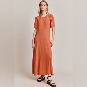New Ghost London Celeste Midi Dress in Sunglow Short Sleeve Crepe Texture Size S